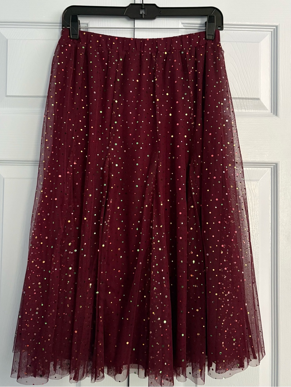 HD in Paris Anthropologie Holiday Party Burgundy Tulle Midi Skirt w Sequins
